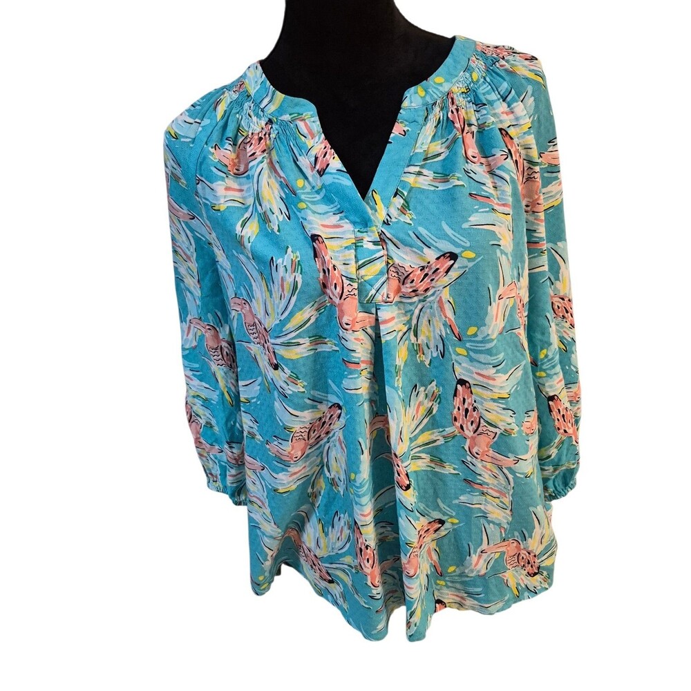 Crown & Ivy Peasant Blouse L Boho Top 100% Rayon Toucan Tropical Birds Flowy